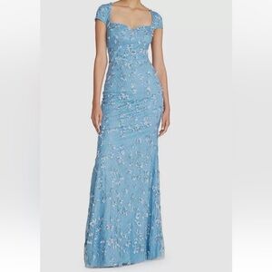NWT $1095 Theia Blue Floral Sequin Sweetheart Cap-Sleeve Gown Dress Size 16